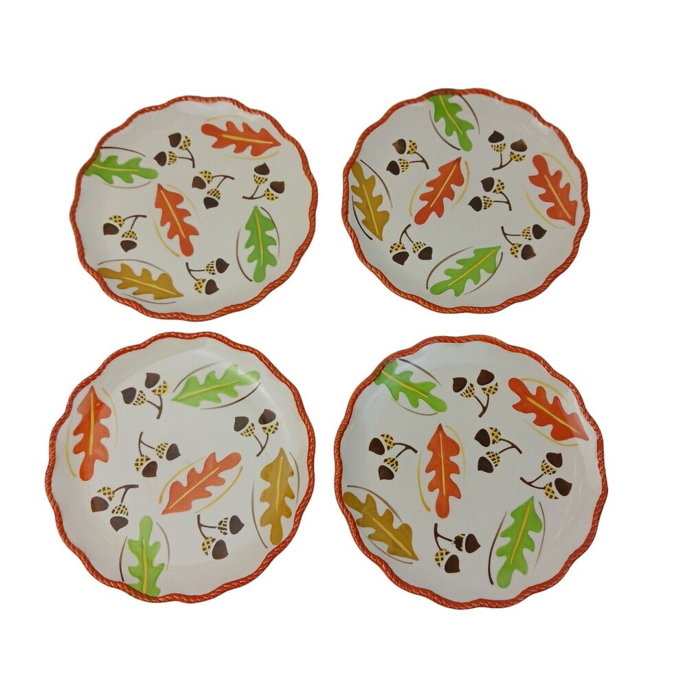 Temptations Old World Fall-Fetti Plates  8" Salad/Dessert Set Of 4 Acorn Leaves